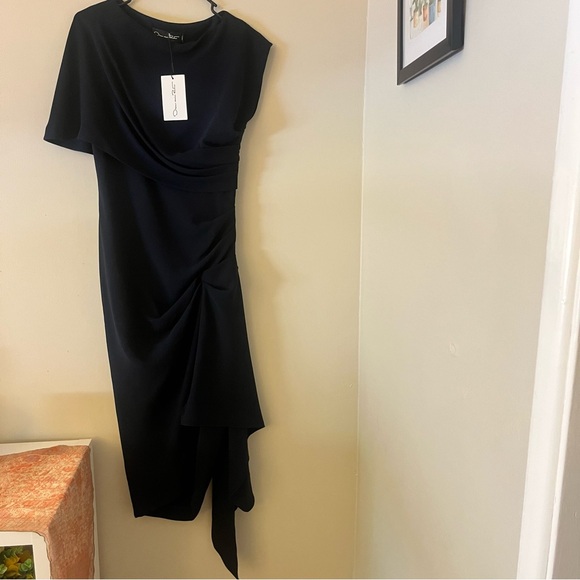 Oscar de la Renta Navy Draped Silk Asymmetrical Navy Dress 6 NWT - Picture 4 of 17